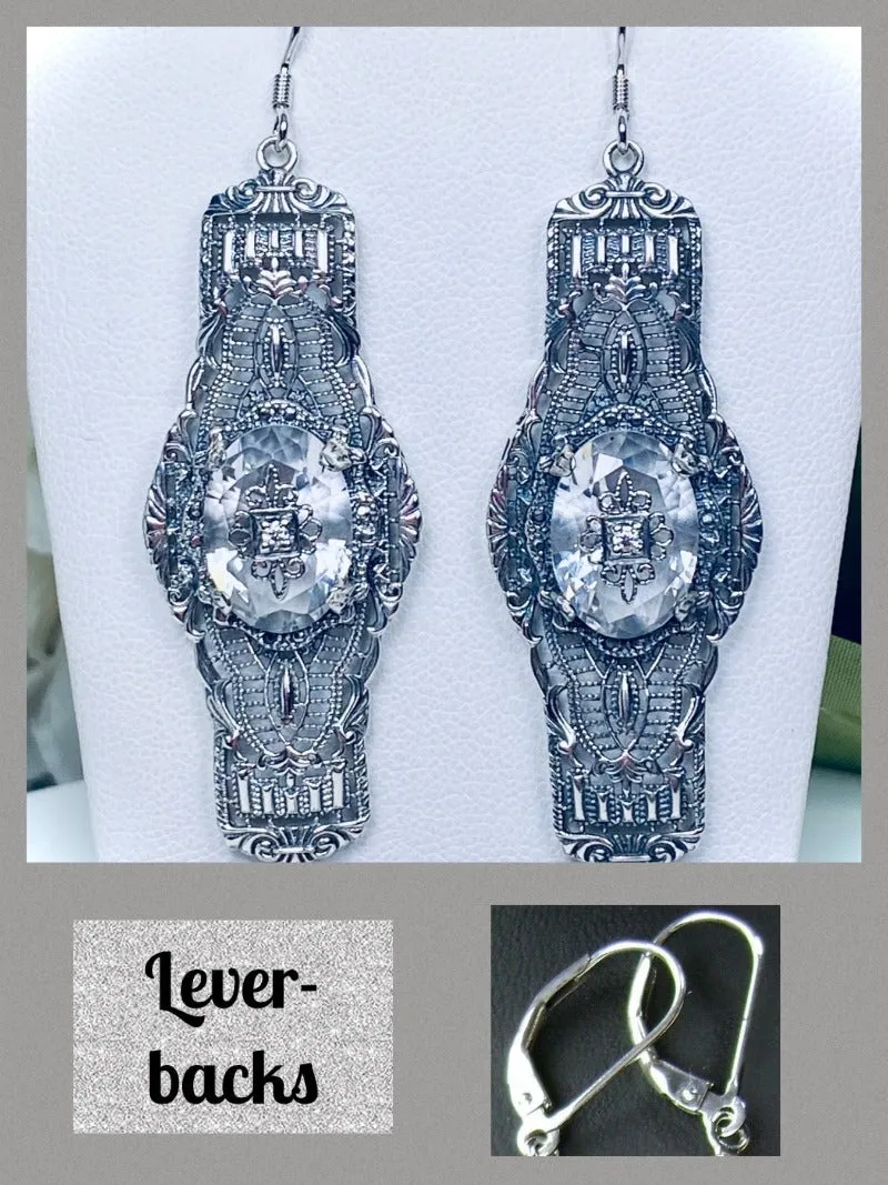 White CZ Earrings, Embellished Gems, Oval Castle, Elegant Vintage Jewelry #E4e