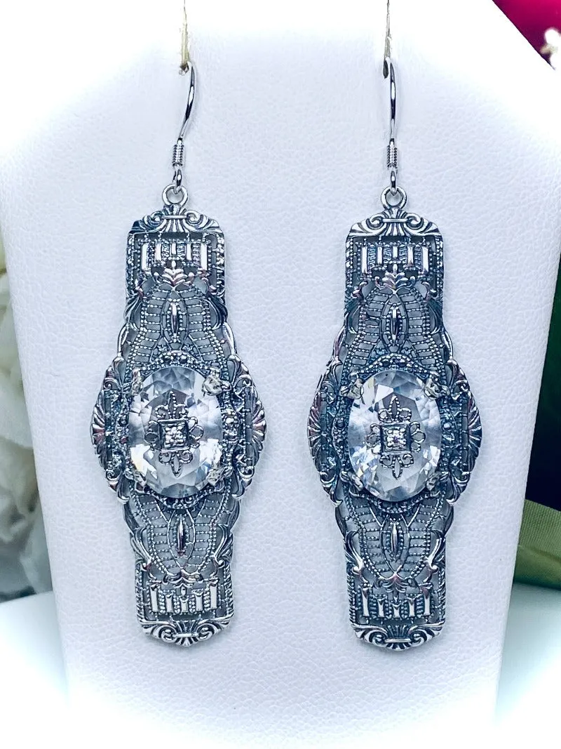 White CZ Earrings, Embellished Gems, Oval Castle, Elegant Vintage Jewelry #E4e