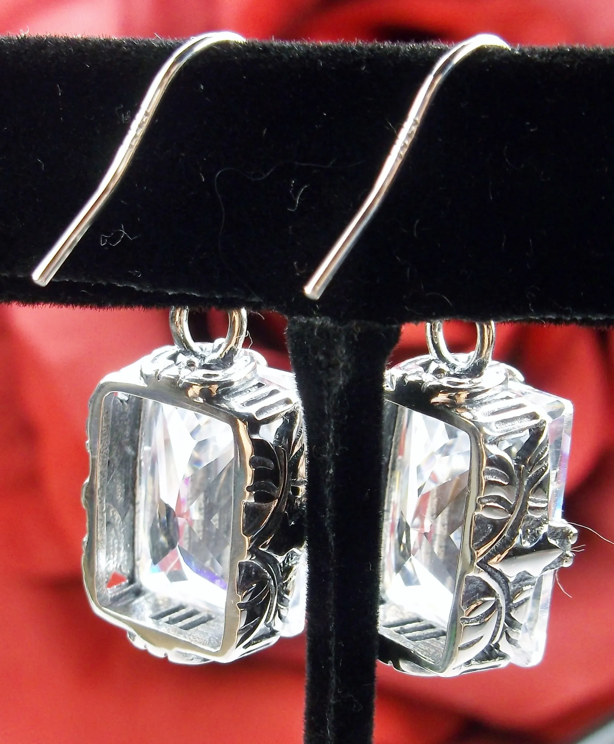 White CZ Earrings, GL Earrings, Art Deco Sterling Silver Filigree, Vintage Jewelry #E15.