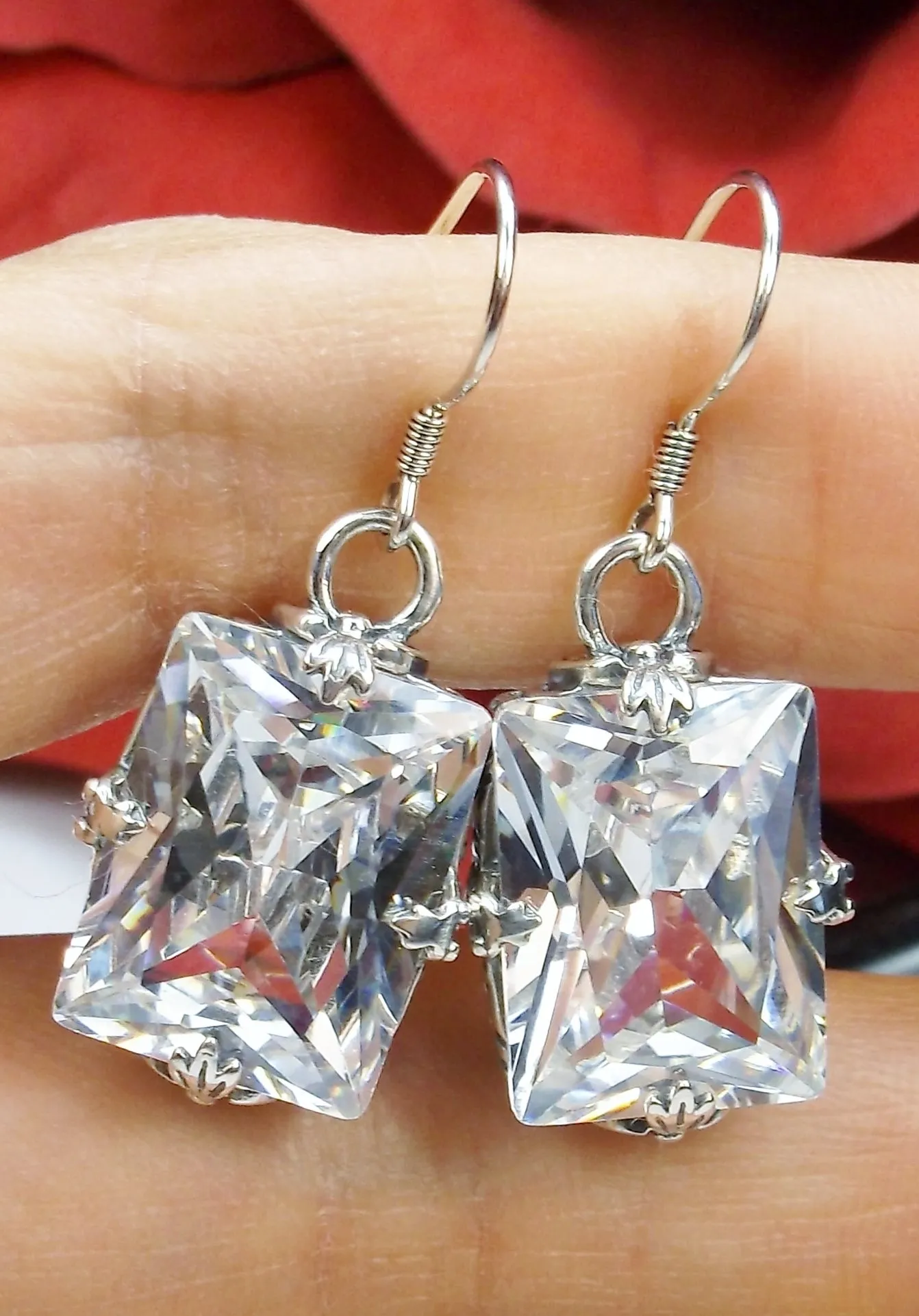 White CZ Earrings, GL Earrings, Art Deco Sterling Silver Filigree, Vintage Jewelry #E15.