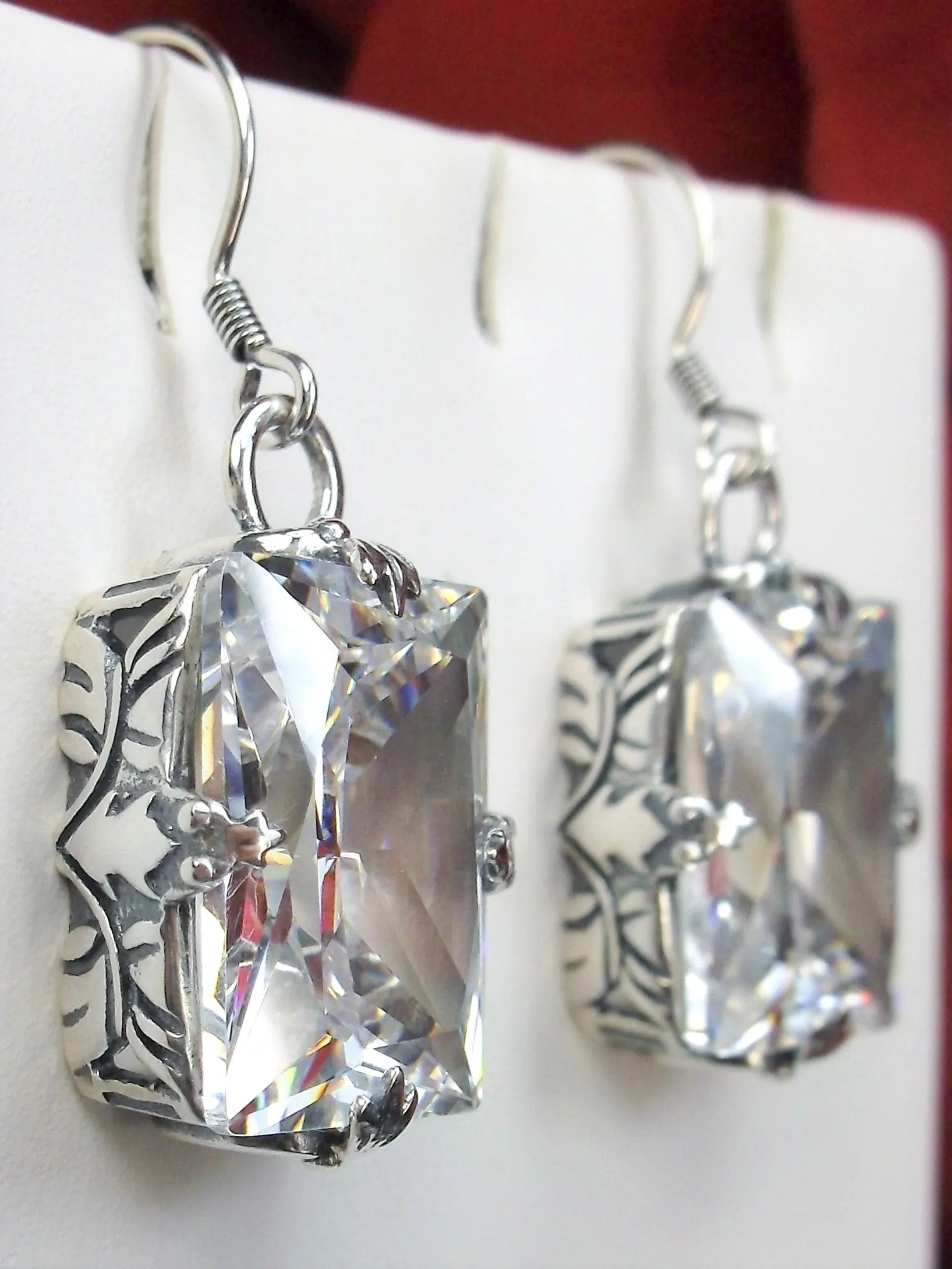 White CZ Earrings, GL Earrings, Art Deco Sterling Silver Filigree, Vintage Jewelry #E15.