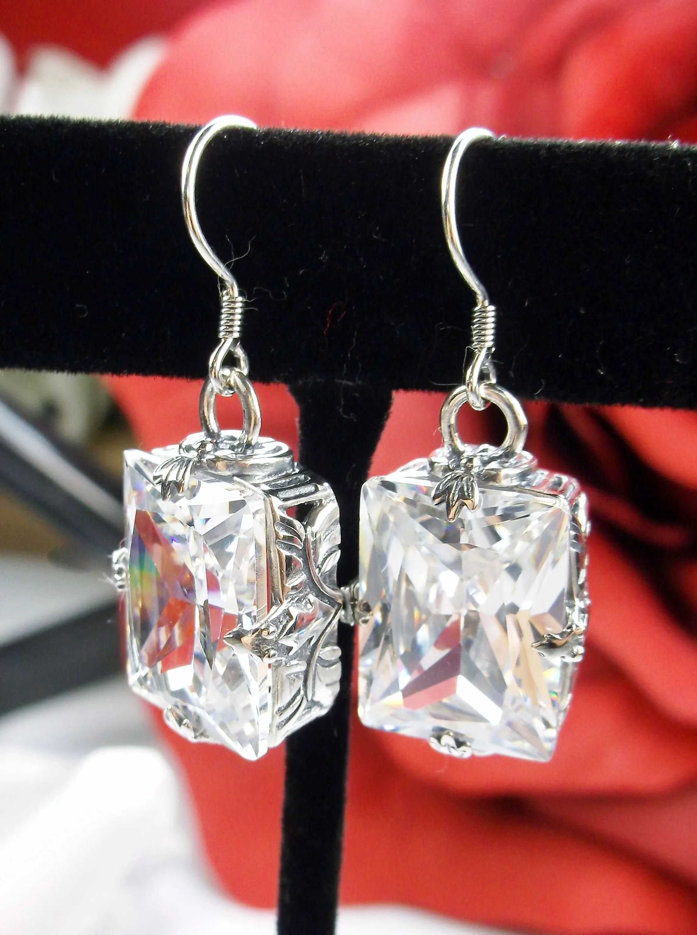 White CZ Earrings, GL Earrings, Art Deco Sterling Silver Filigree, Vintage Jewelry #E15.