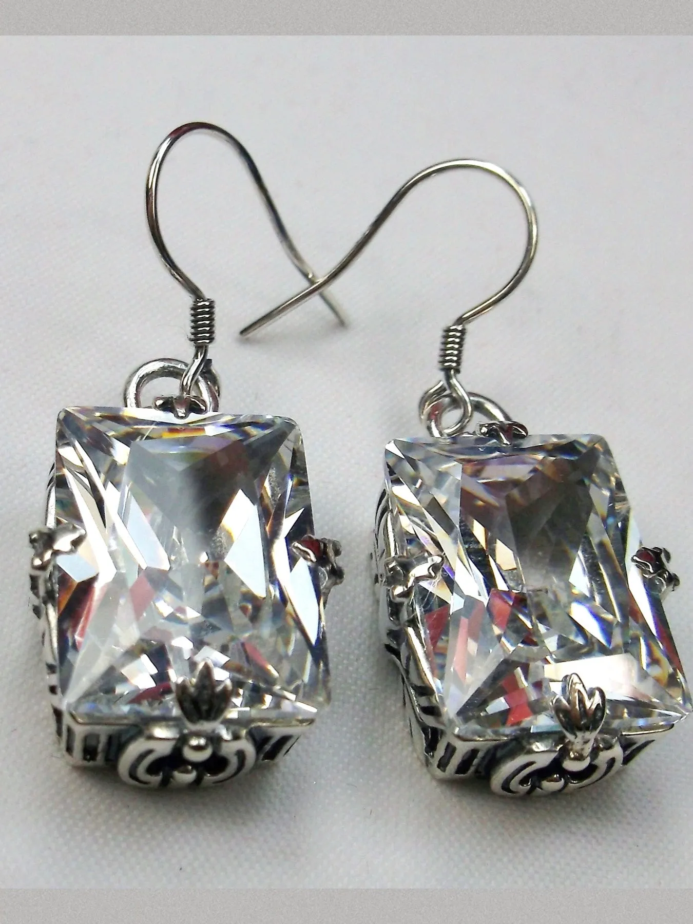 White CZ Earrings, GL Earrings, Art Deco Sterling Silver Filigree, Vintage Jewelry #E15.