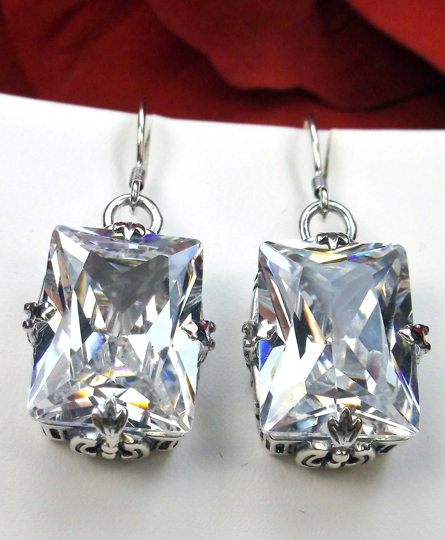 White CZ Earrings, GL Earrings, Art Deco Sterling Silver Filigree, Vintage Jewelry #E15.