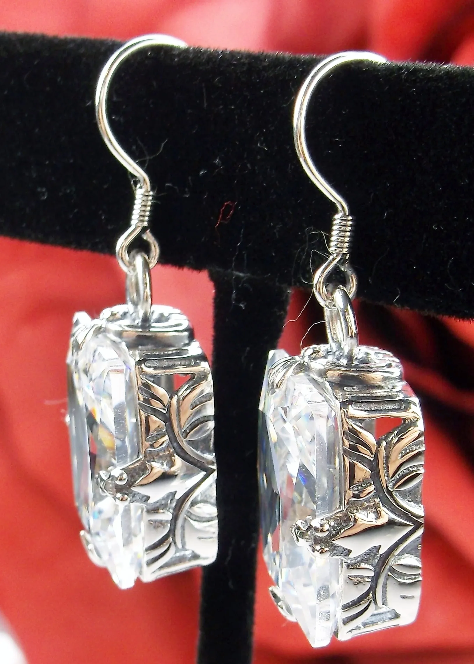White CZ Earrings, GL Earrings, Art Deco Sterling Silver Filigree, Vintage Jewelry #E15.
