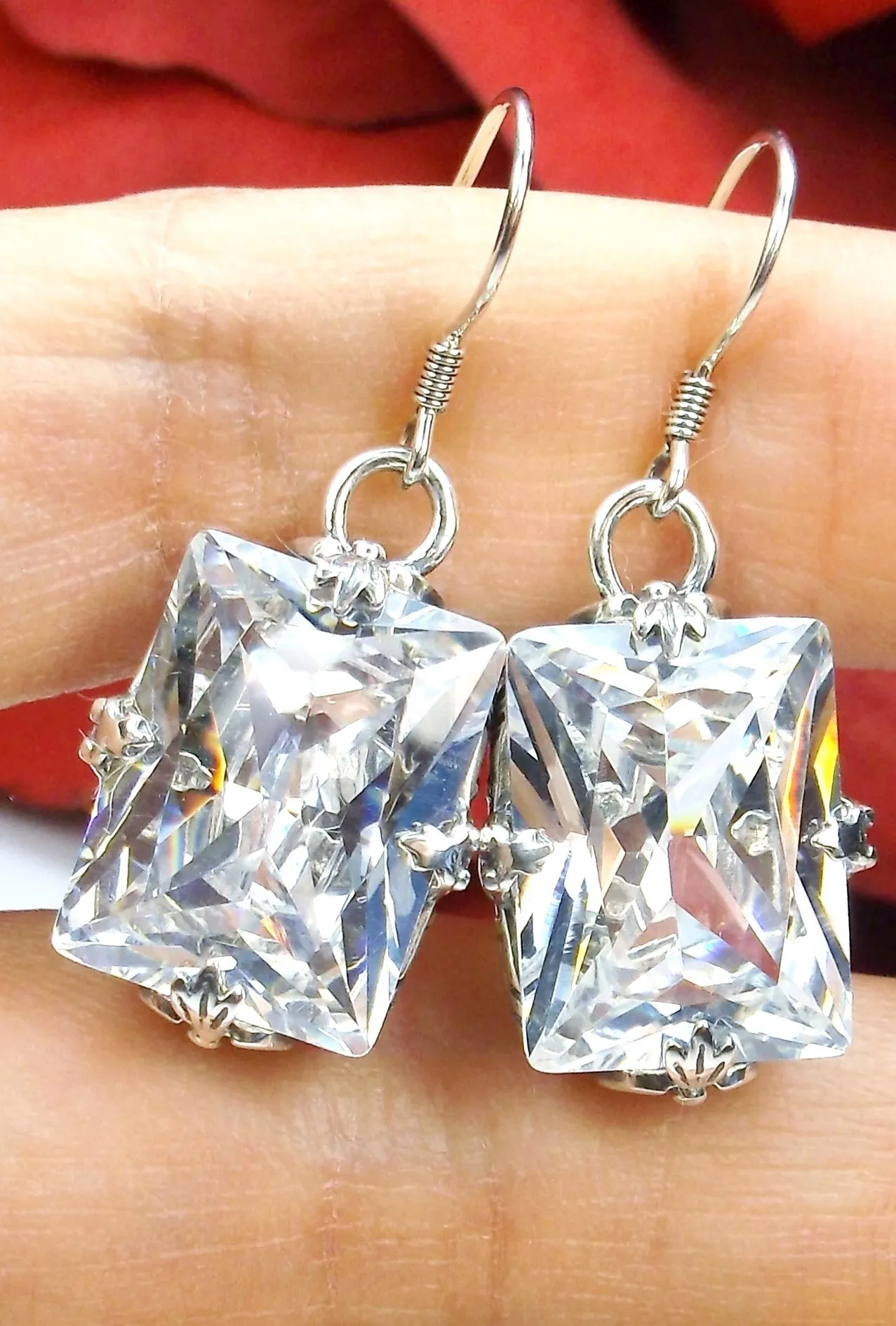 White CZ Earrings, GL Earrings, Art Deco Sterling Silver Filigree, Vintage Jewelry #E15.