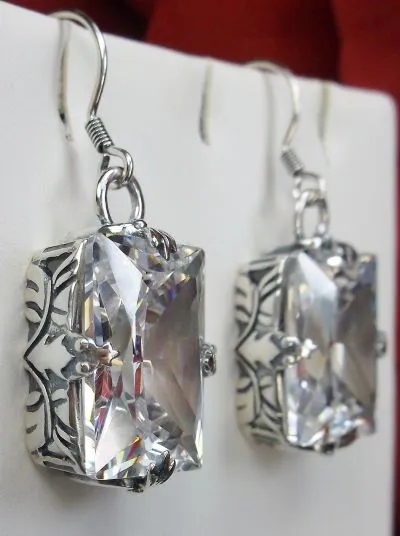 White CZ Earrings, GL Earrings, Art Deco Sterling Silver Filigree, Vintage Jewelry #E15.