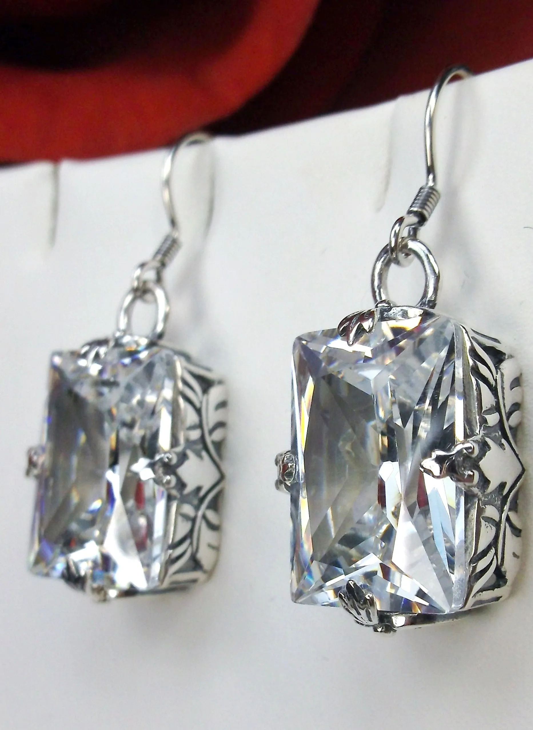 White CZ Earrings, GL Earrings, Art Deco Sterling Silver Filigree, Vintage Jewelry #E15.