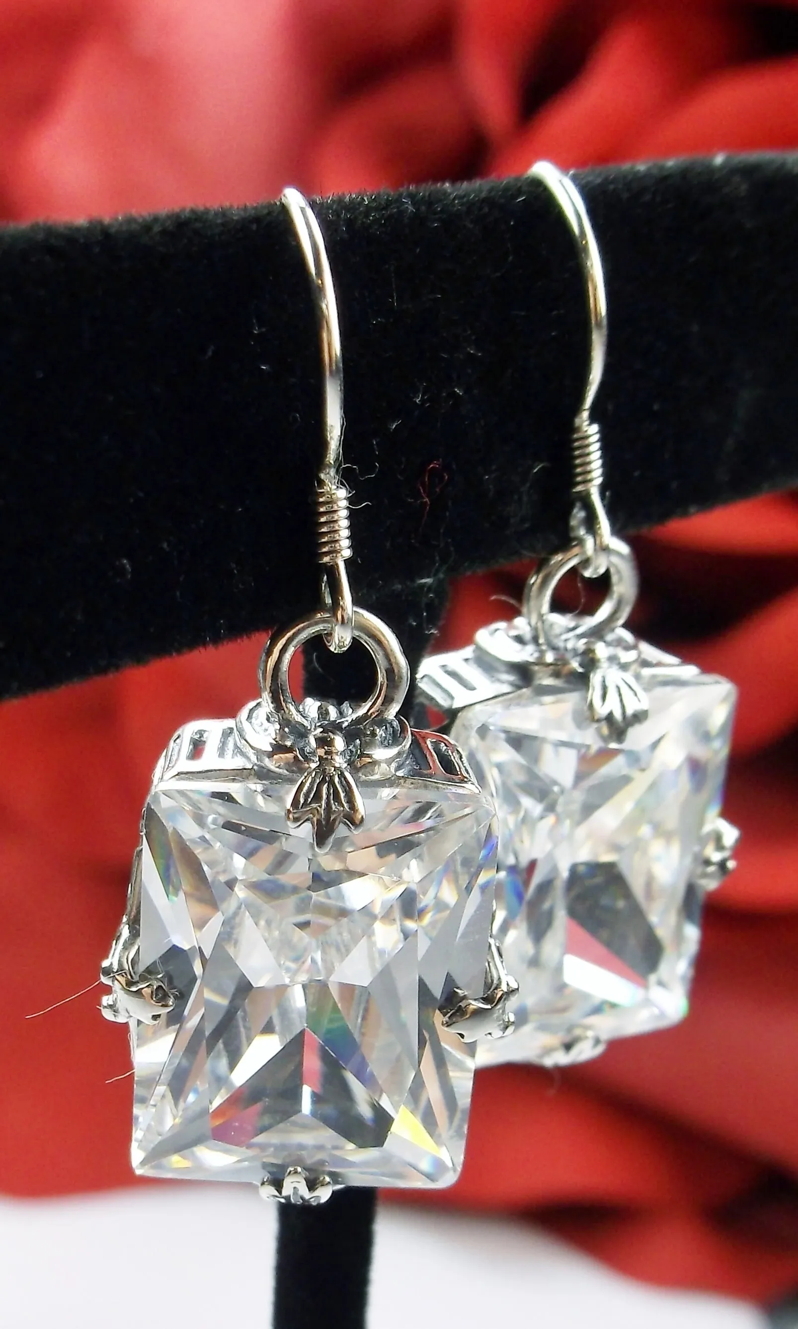 White CZ Earrings, GL Earrings, Art Deco Sterling Silver Filigree, Vintage Jewelry #E15.