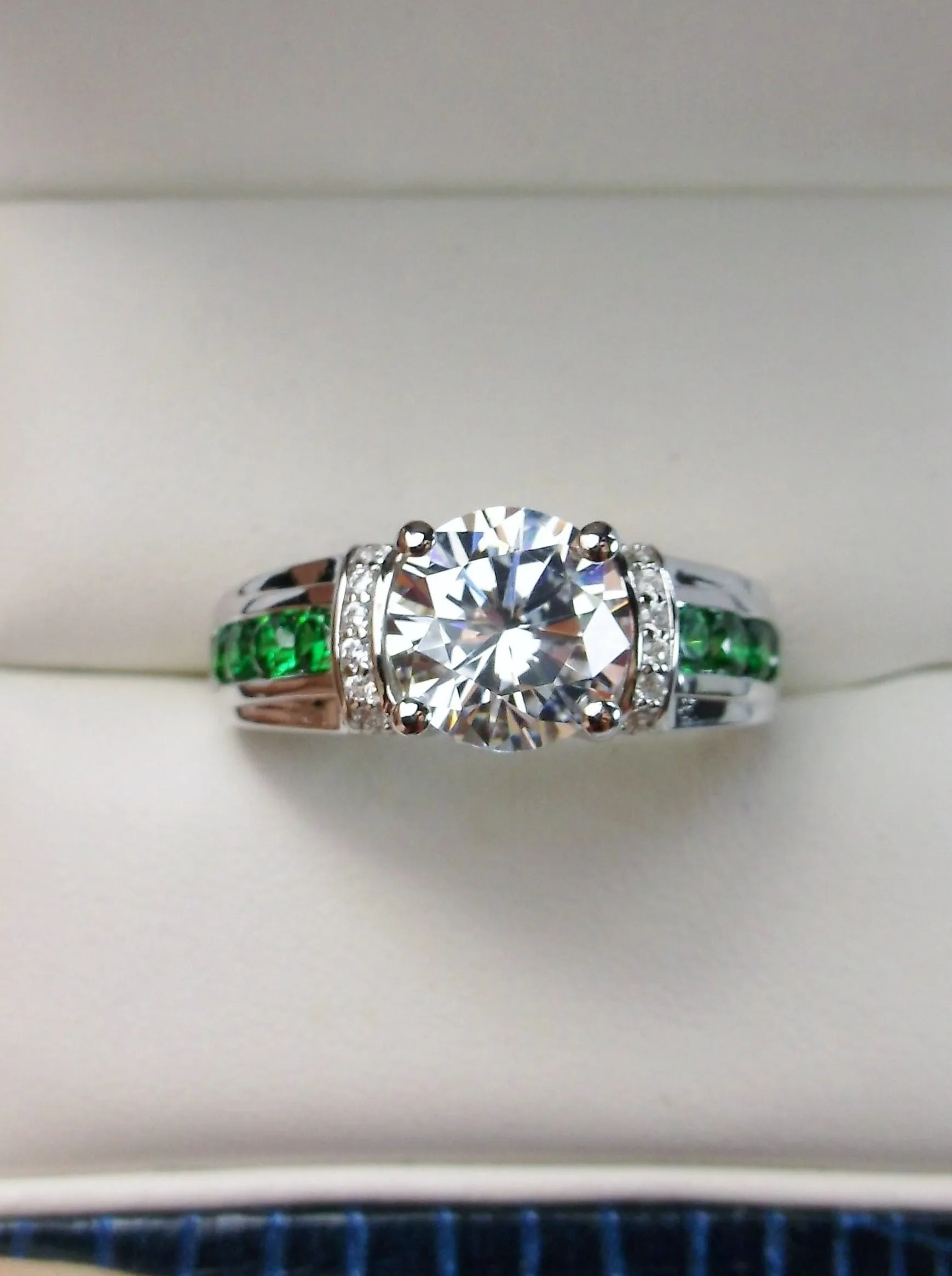 White CZ Ring, Size 9, faux Diamond and Emerald Green Inlay Gems, Art Deco Jewelry #D220 - Ready to Ship