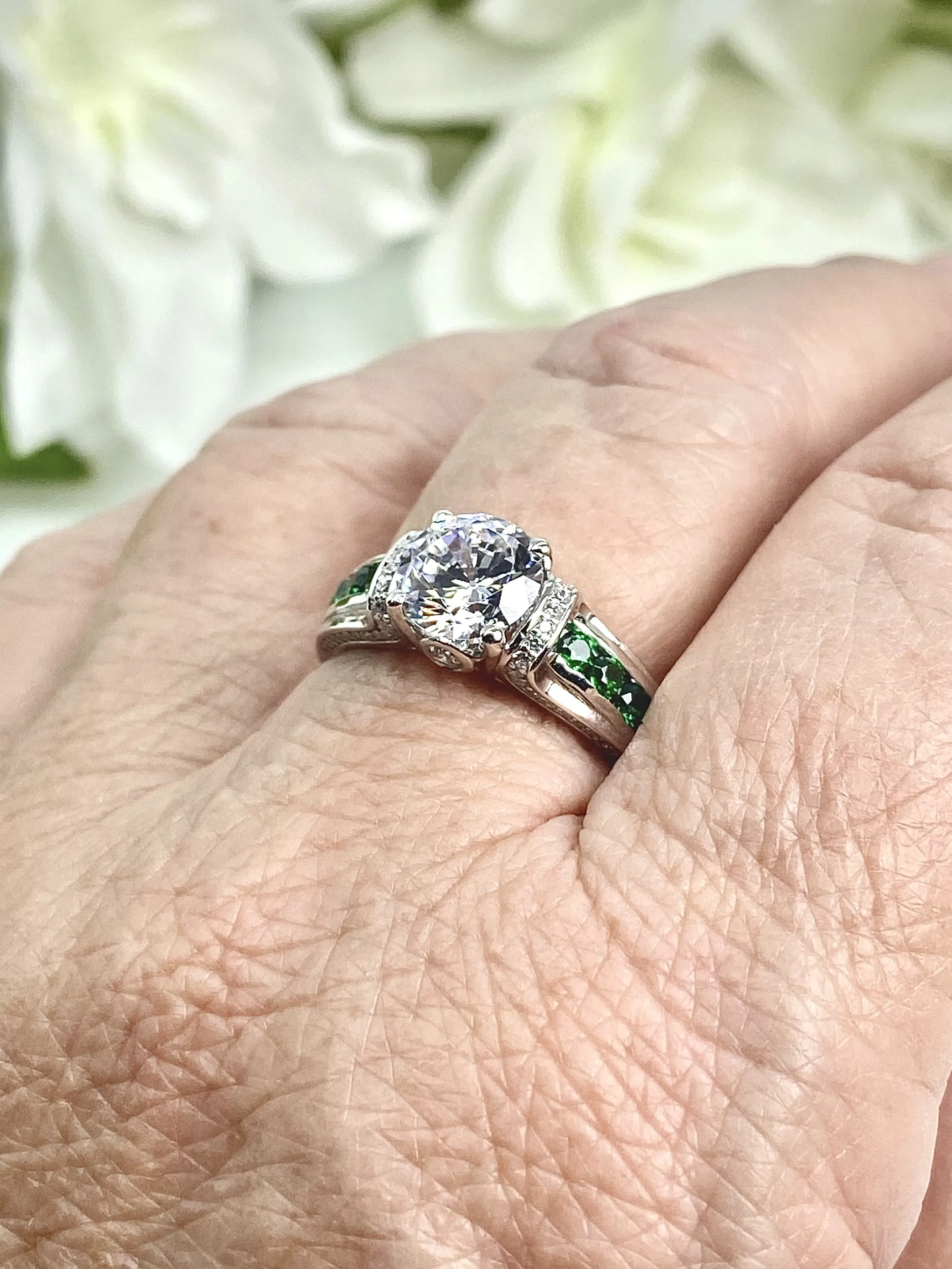 White CZ Ring, Size 9, faux Diamond and Emerald Green Inlay Gems, Art Deco Jewelry #D220 - Ready to Ship