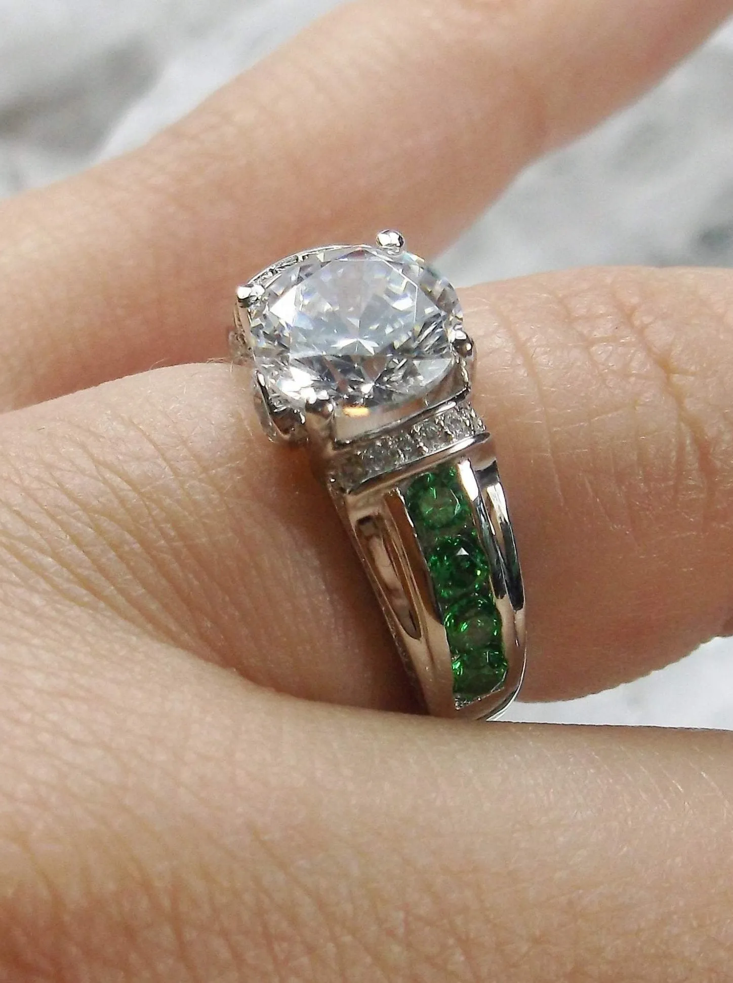 White CZ Ring, Size 9, faux Diamond and Emerald Green Inlay Gems, Art Deco Jewelry #D220 - Ready to Ship