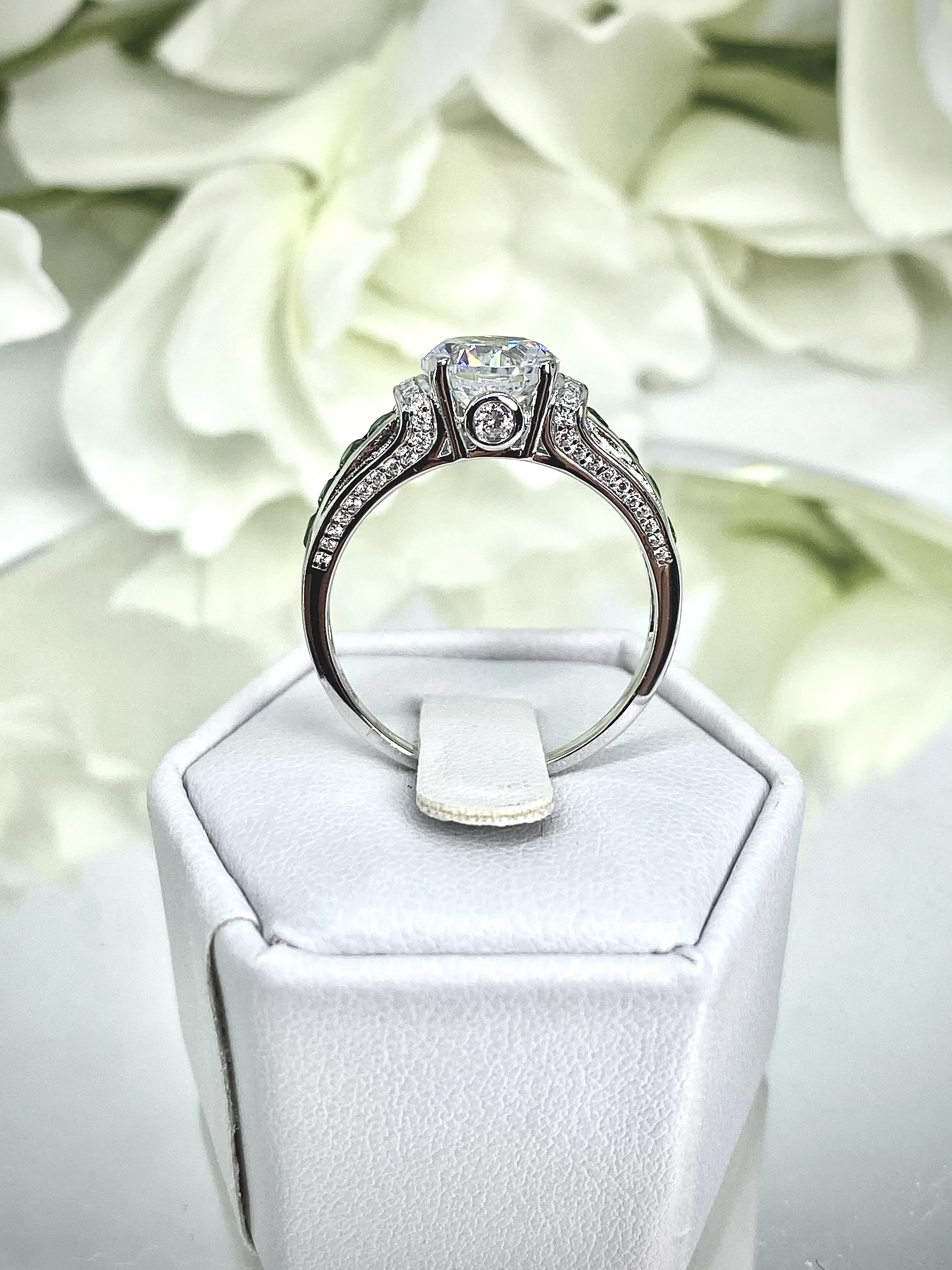 White CZ Ring, Size 9, faux Diamond and Emerald Green Inlay Gems, Art Deco Jewelry #D220 - Ready to Ship
