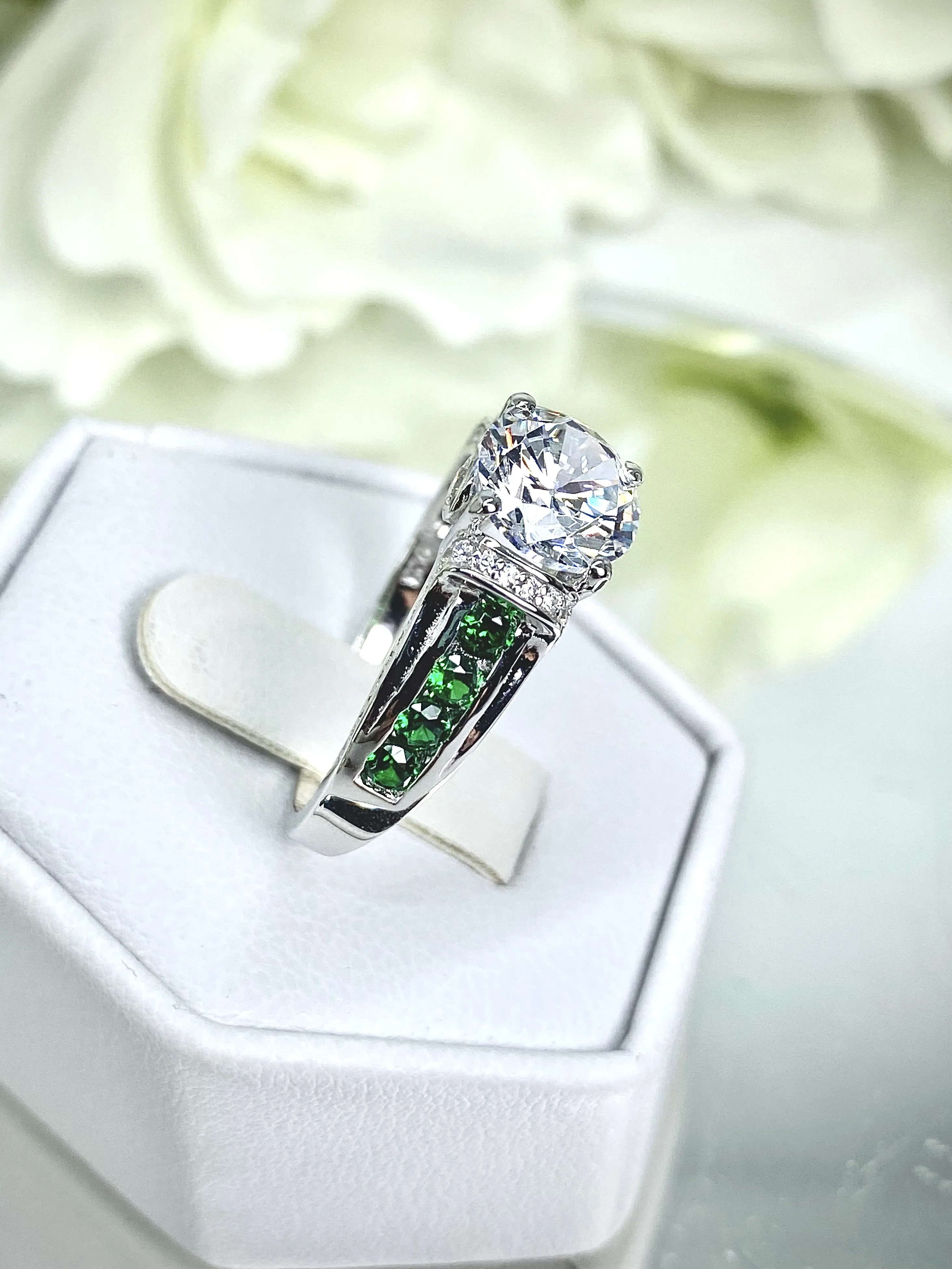 White CZ Ring, Size 9, faux Diamond and Emerald Green Inlay Gems, Art Deco Jewelry #D220 - Ready to Ship