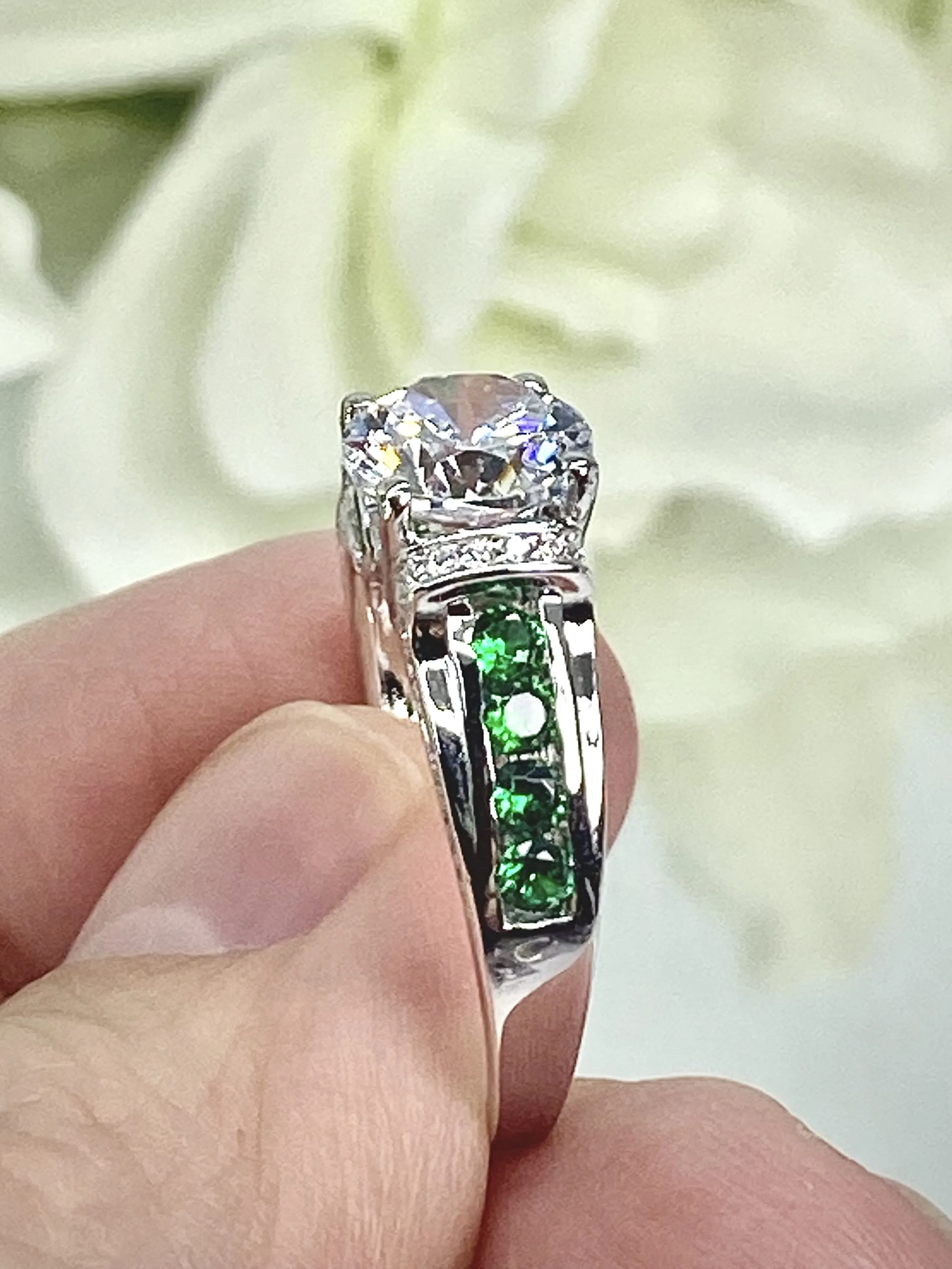 White CZ Ring, Size 9, faux Diamond and Emerald Green Inlay Gems, Art Deco Jewelry #D220 - Ready to Ship