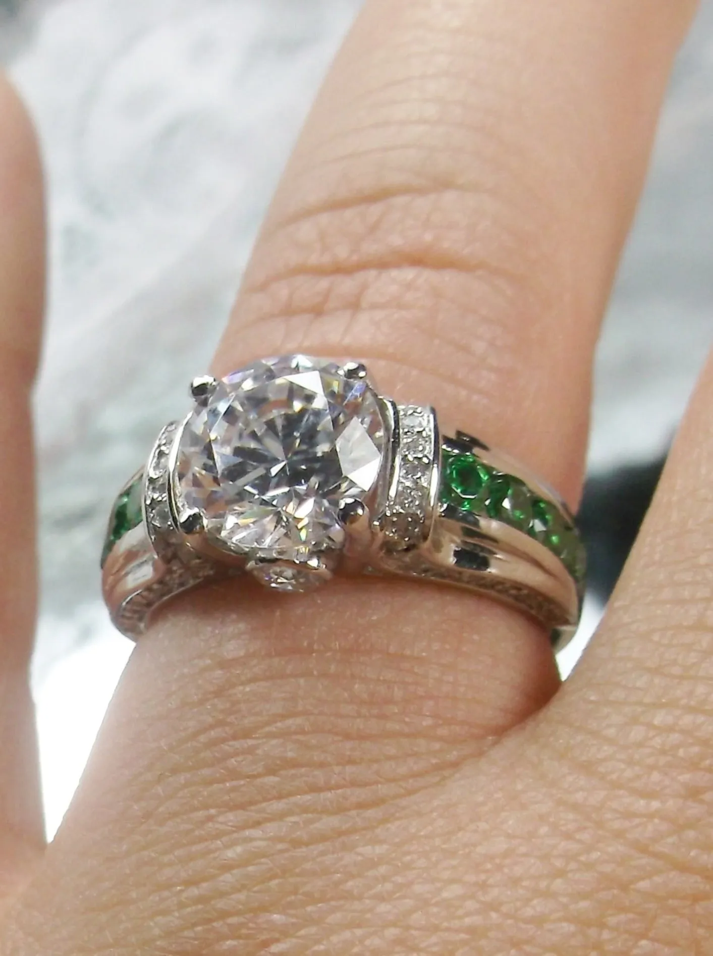 White CZ Ring, Size 9, faux Diamond and Emerald Green Inlay Gems, Art Deco Jewelry #D220 - Ready to Ship