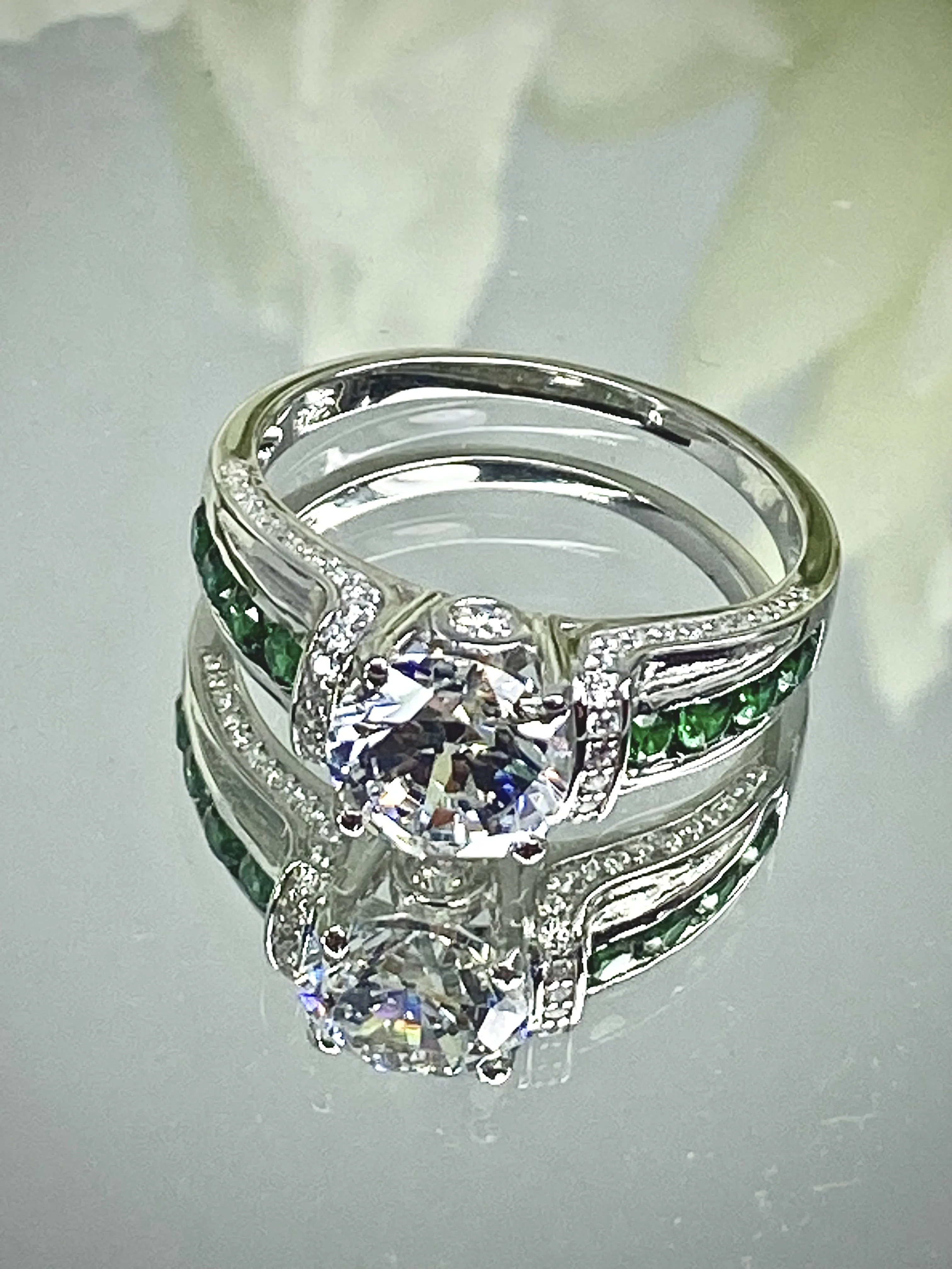 White CZ Ring, Size 9, faux Diamond and Emerald Green Inlay Gems, Art Deco Jewelry #D220 - Ready to Ship