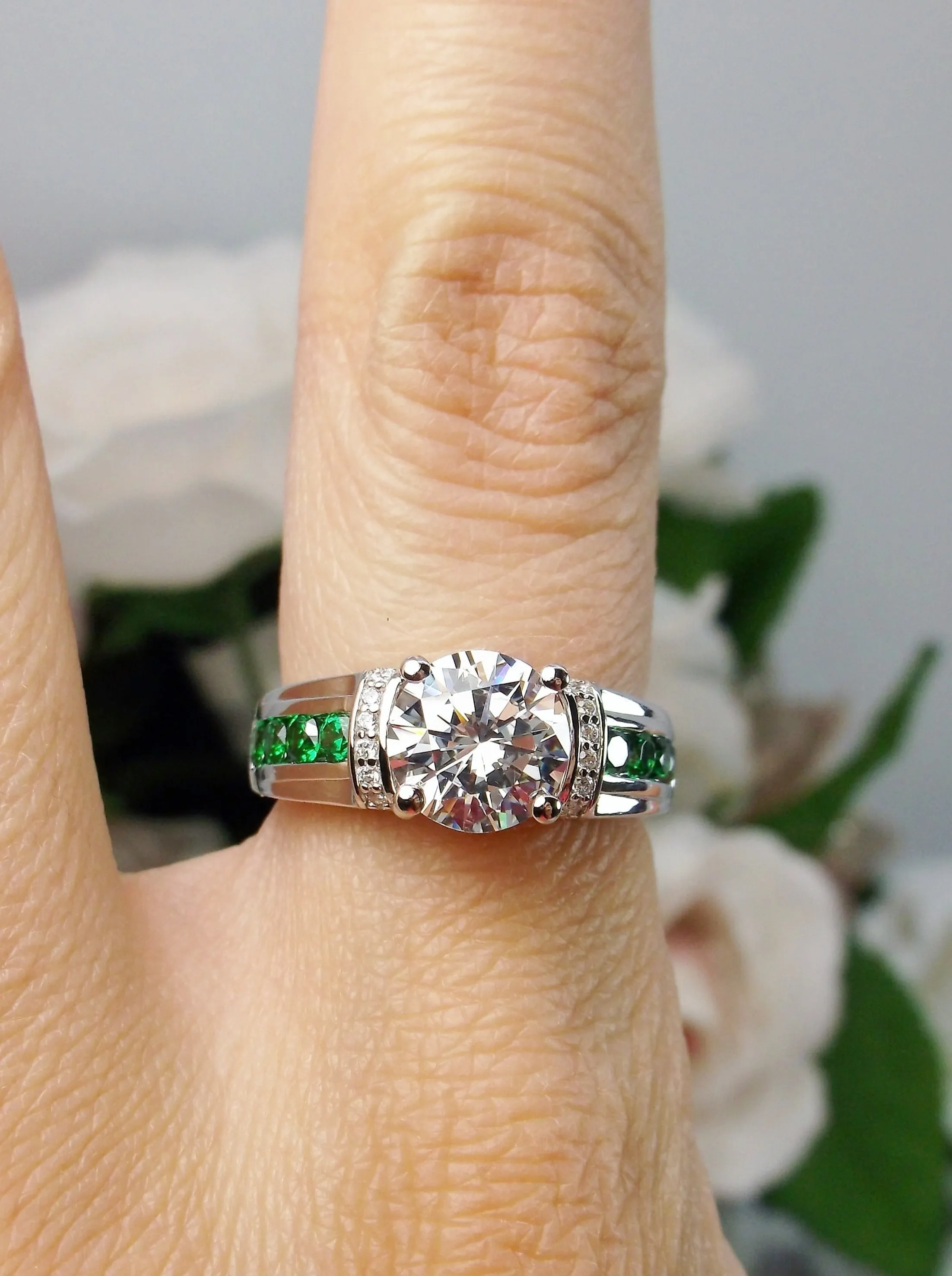 White CZ Ring, Size 9, faux Diamond and Emerald Green Inlay Gems, Art Deco Jewelry #D220 - Ready to Ship