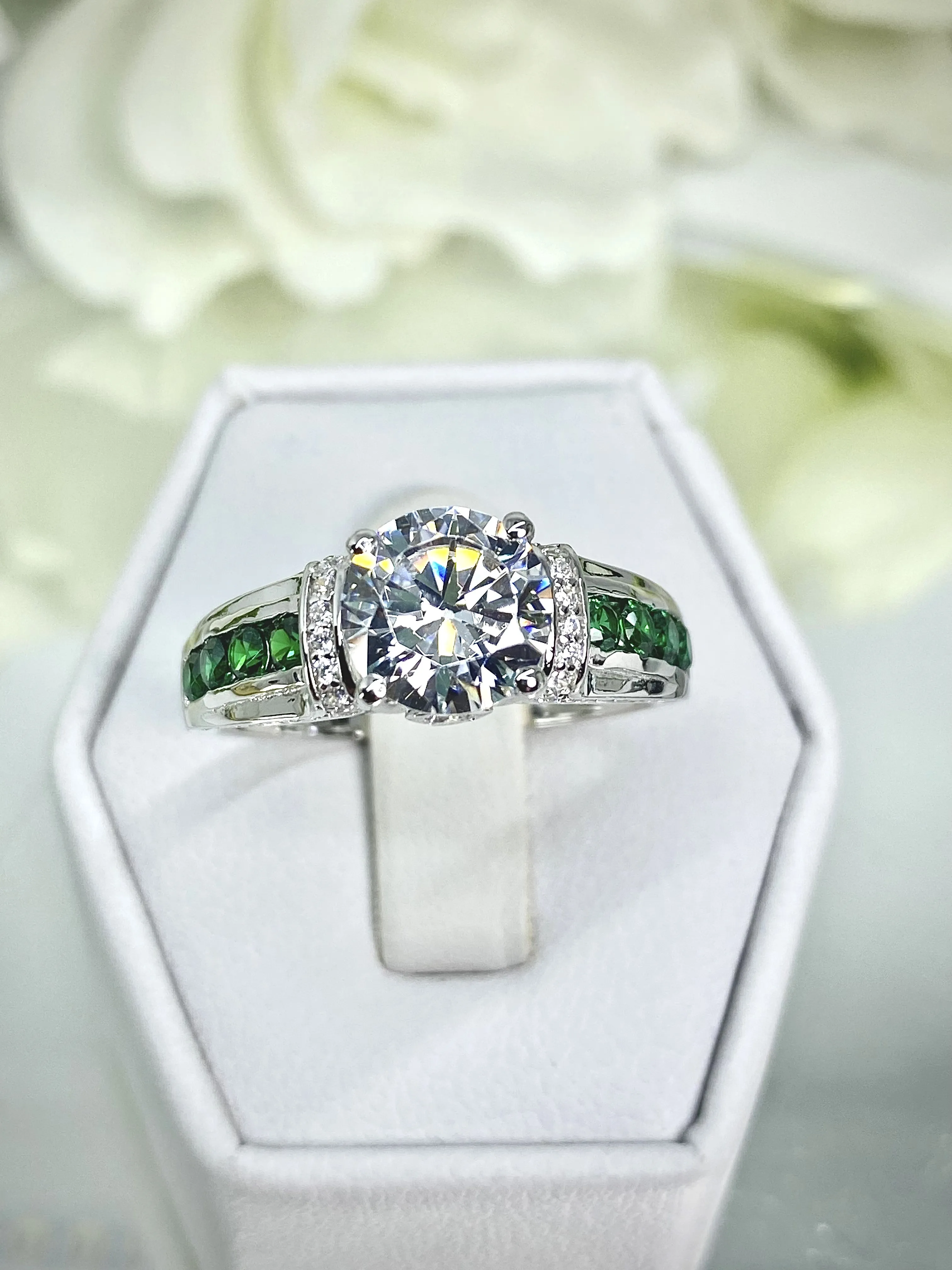 White CZ Ring, Size 9, faux Diamond and Emerald Green Inlay Gems, Art Deco Jewelry #D220 - Ready to Ship