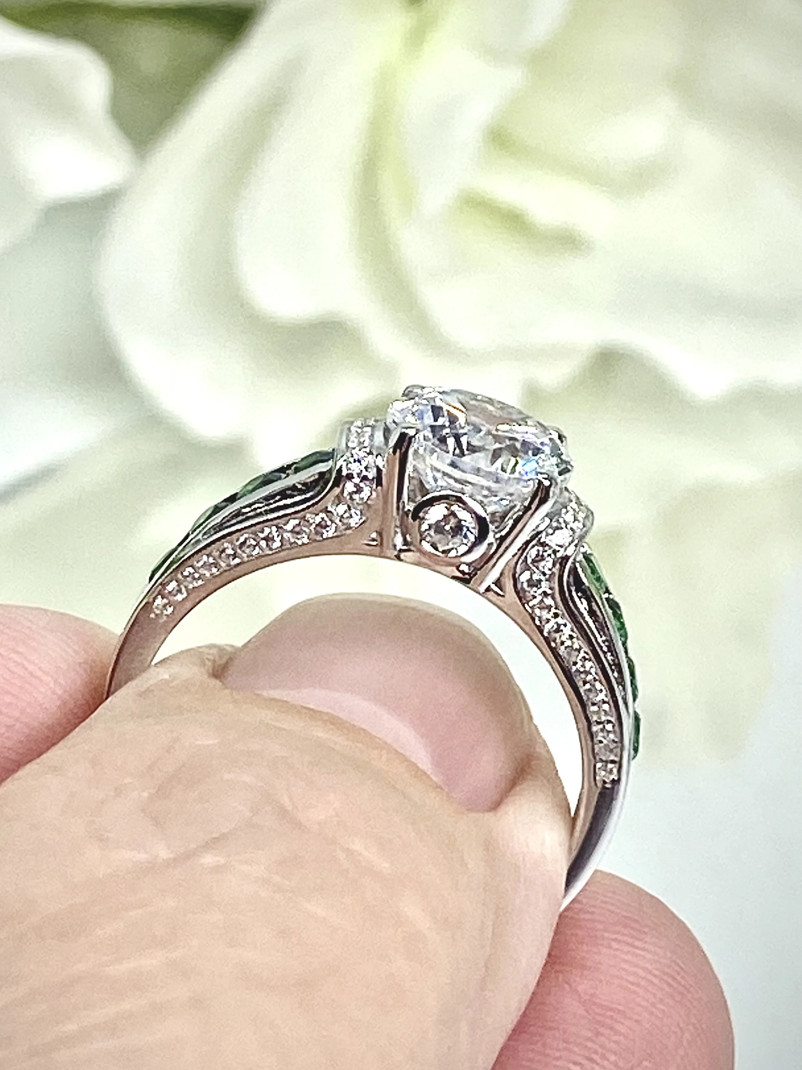 White CZ Ring, Size 9, faux Diamond and Emerald Green Inlay Gems, Art Deco Jewelry #D220 - Ready to Ship