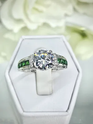 White CZ Ring, Size 9, faux Diamond and Emerald Green Inlay Gems, Art Deco Jewelry #D220 - Ready to Ship