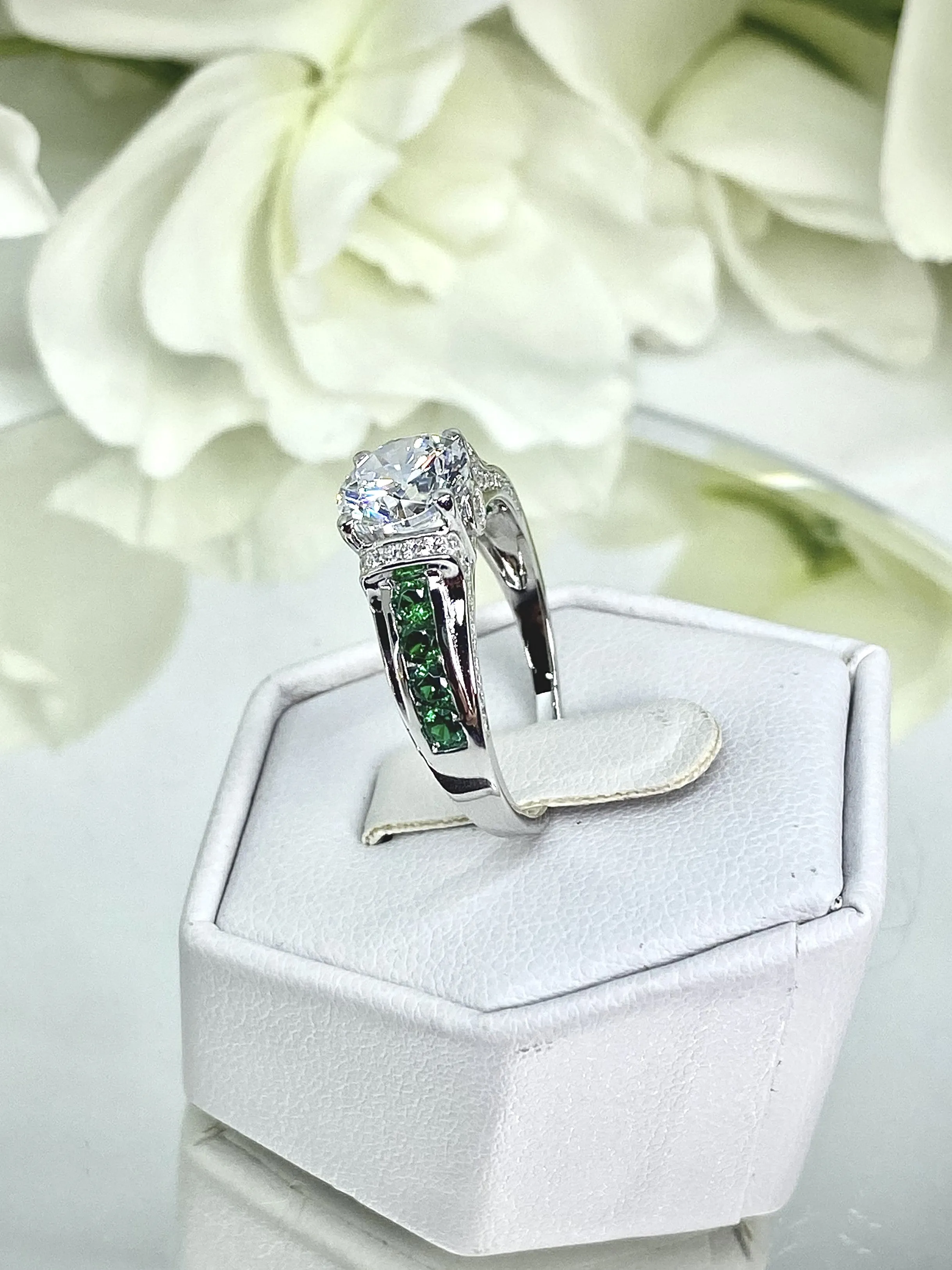 White CZ Ring, Size 9, faux Diamond and Emerald Green Inlay Gems, Art Deco Jewelry #D220 - Ready to Ship