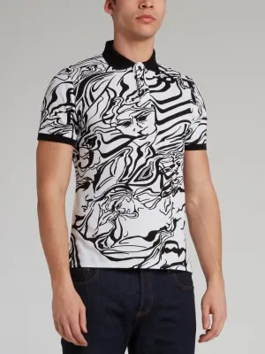 White Marble Print Polo Shirt